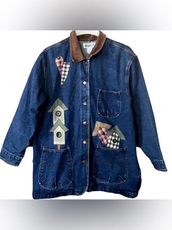 Haiks Jackets & Blazers - Vintage Haiks Women's Blue Denim Chore Jacket with Appliqué Birdhouse Motif/Lg